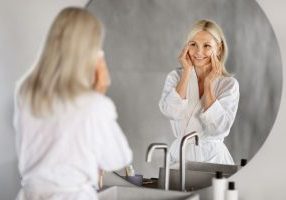 Woman with mature skin carrying out skincare routine for skin barrier support